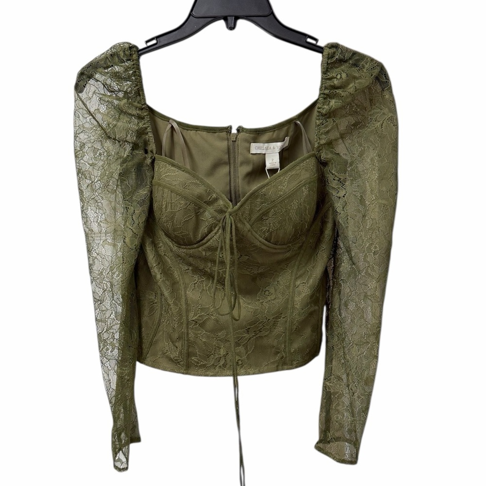 NWT Chelsea & Violet Laura Olive Green Lace Corset Tie Front Fitted Blouse 2 - Picture 2 of 10